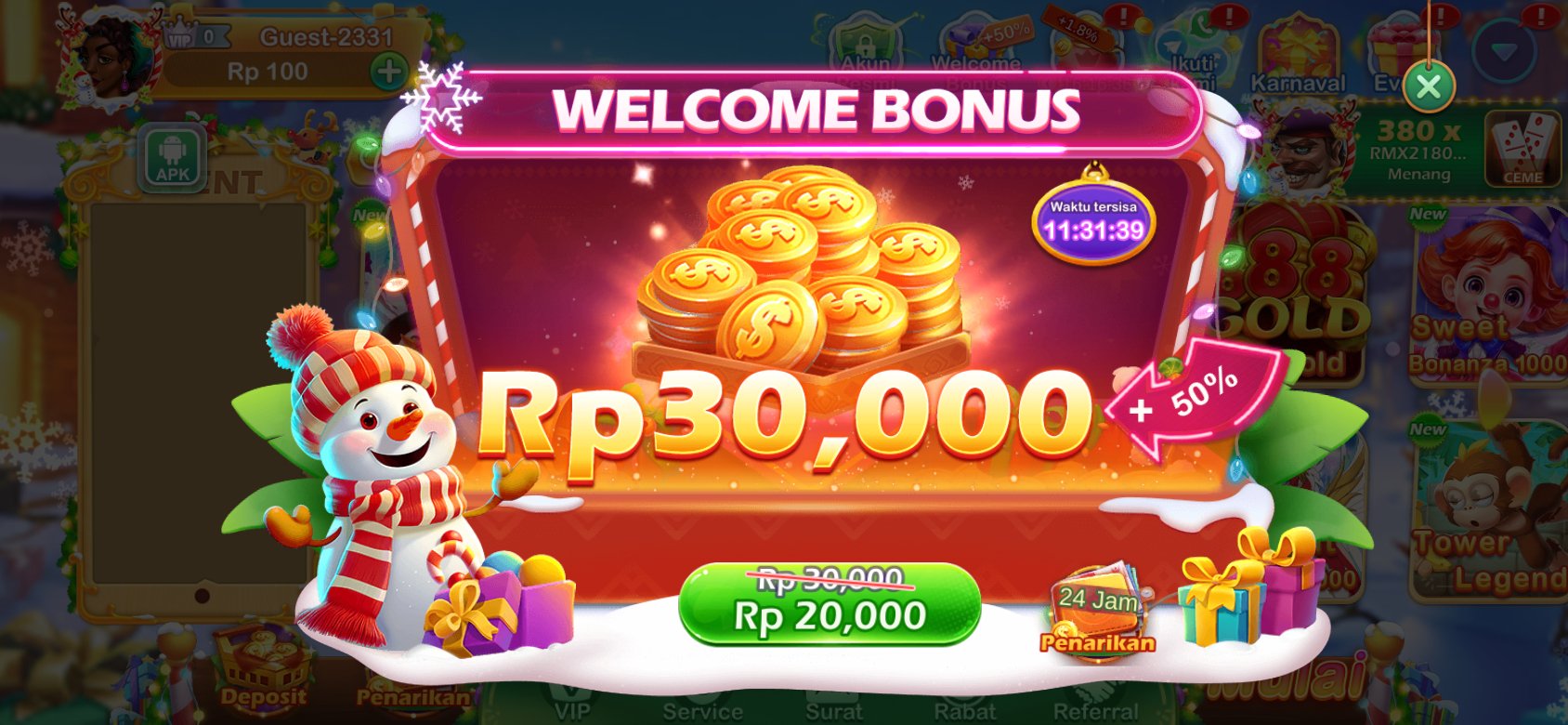 Bonus selamat datang di 6836 dengan tambahan hingga 50% untuk pemain baru.